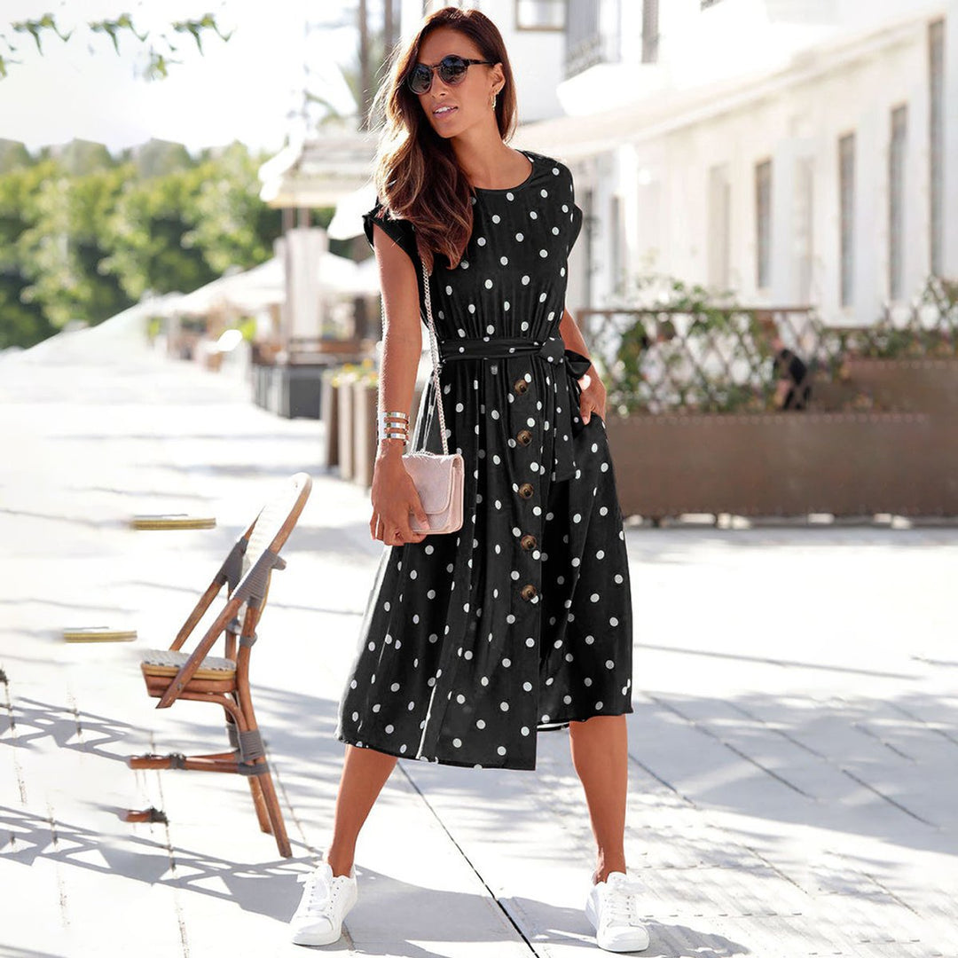 Women's Polka Dot Belted Button-Front Fall Midi Dress
