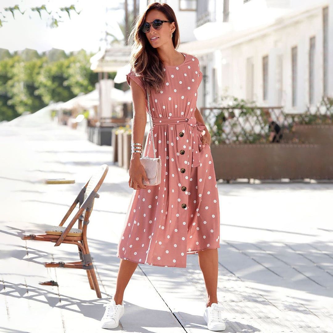 Women's Polka Dot Belted Button-Front Fall Midi Dress