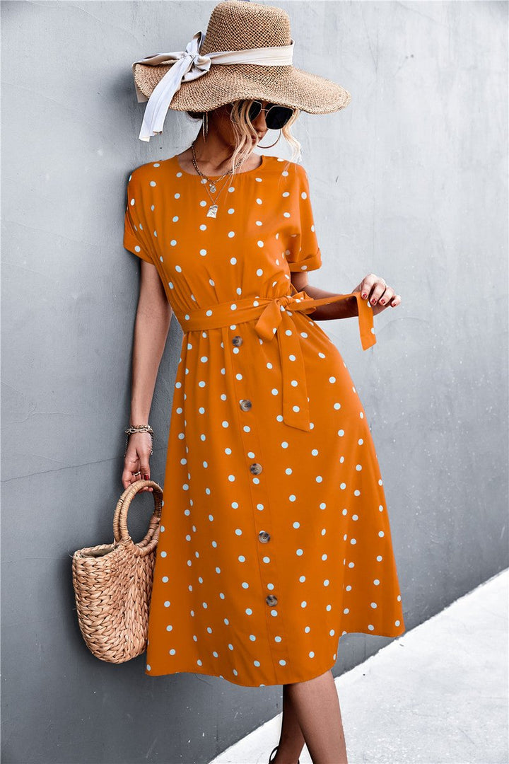 Women's Polka Dot Belted Button-Front Fall Midi Dress
