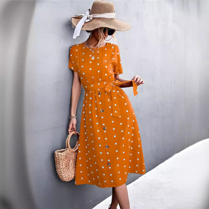 Women's Polka Dot Belted Button-Front Fall Midi Dress