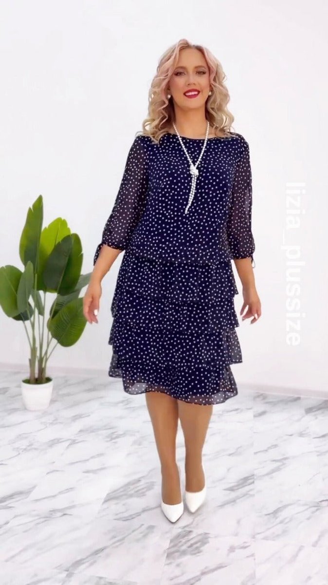 Women's Polka Dot Chiffon Tiered Formal Dress Split Sleeves