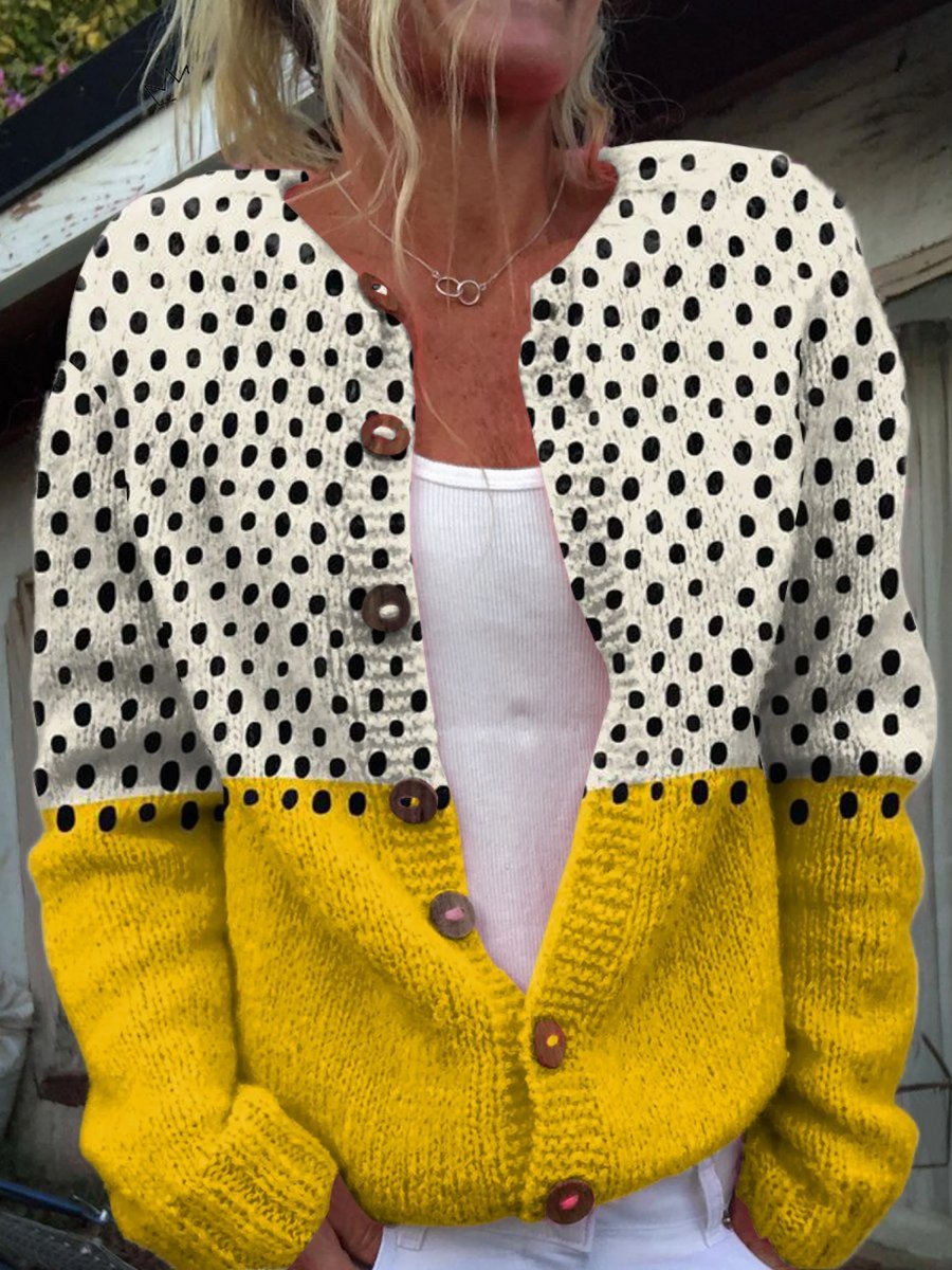 Women's Polka Dot Color Block Button-Front Knit Cardigan