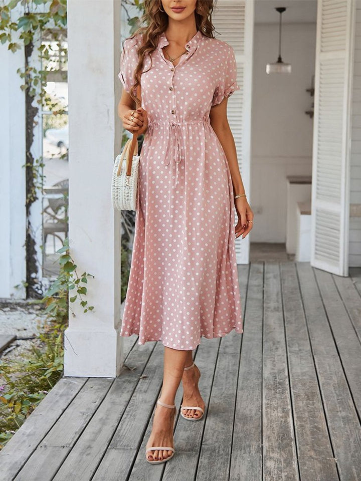 Women's Polka Dot Drawstring-Waist Button-Front Fall Midi Dress
