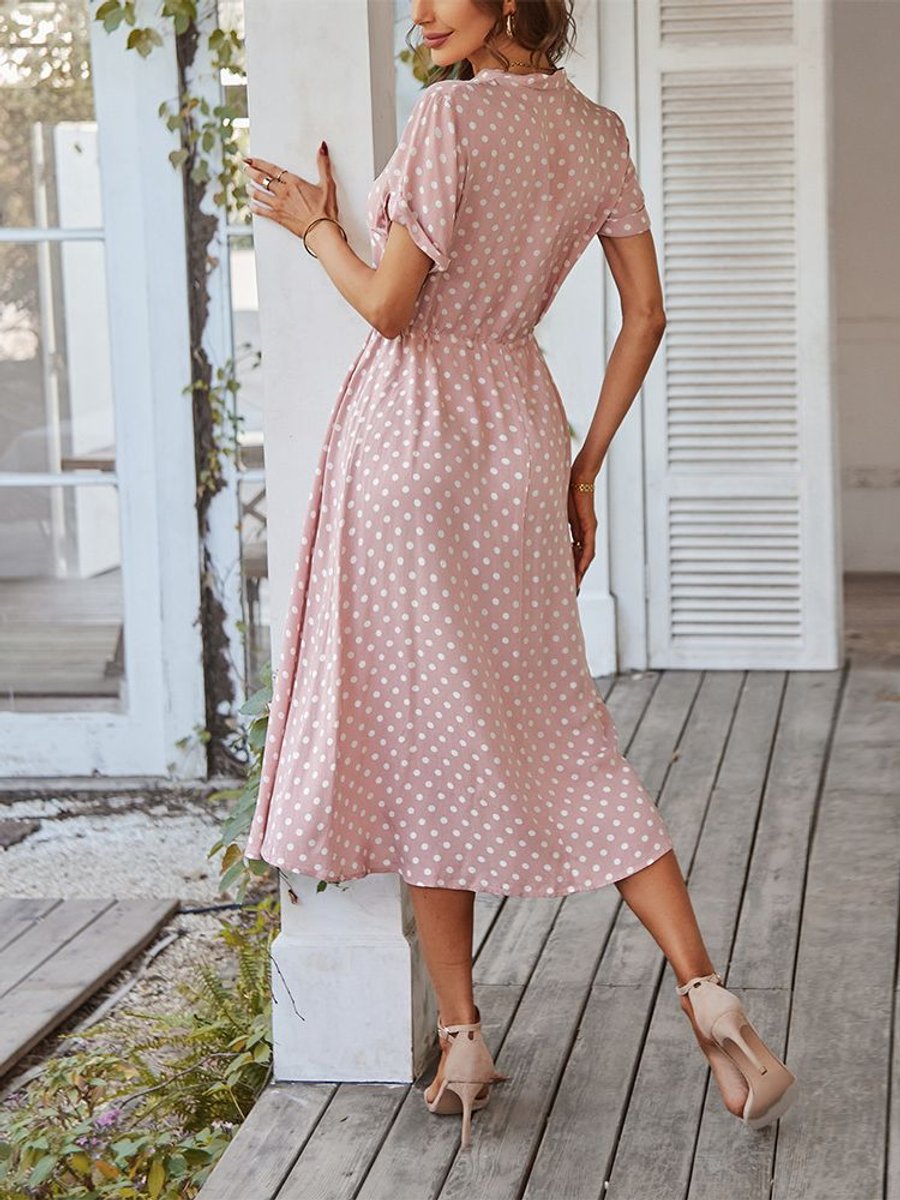 Women's Polka Dot Drawstring-Waist Button-Front Fall Midi Dress