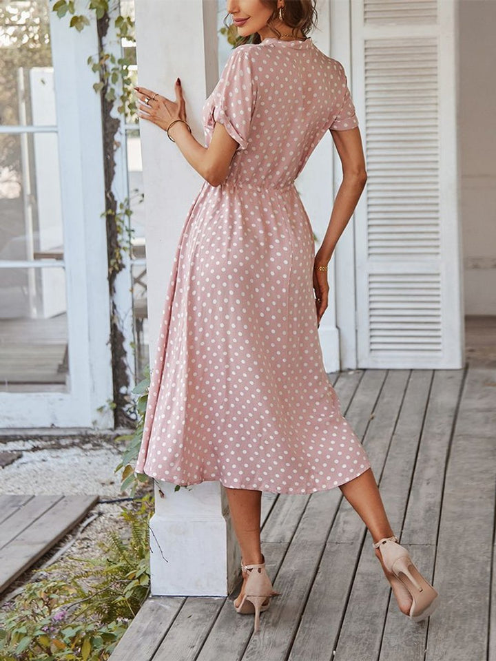 Women's Polka Dot Drawstring-Waist Button-Front Fall Midi Dress