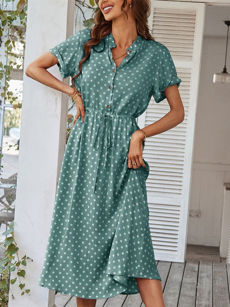 Women's Polka Dot Drawstring-Waist Button-Front Fall Midi Dress