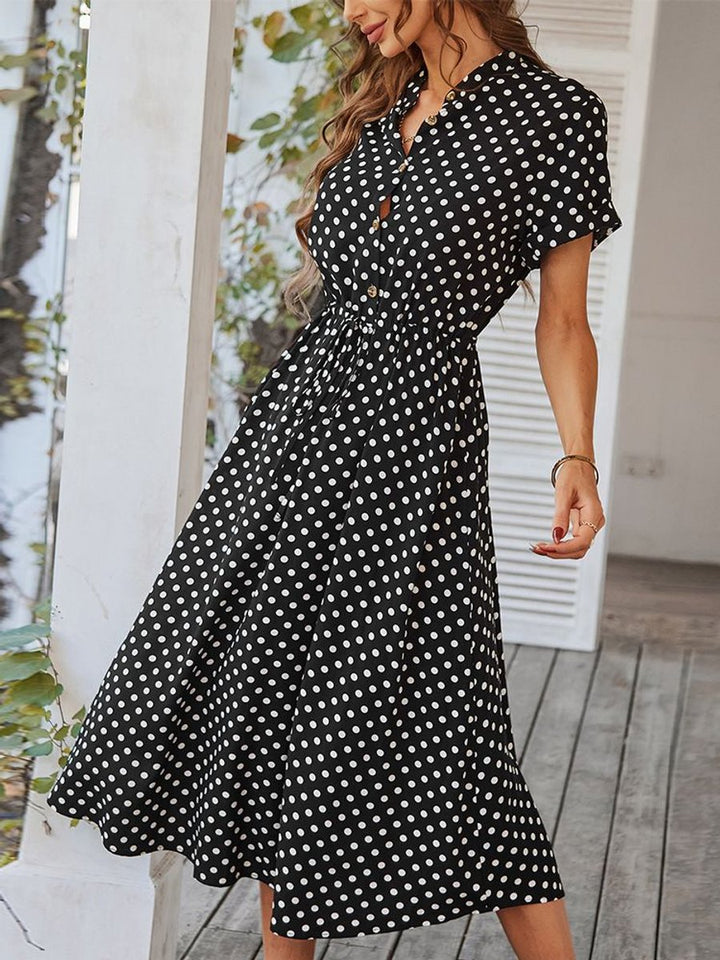 Women's Polka Dot Drawstring-Waist Button-Front Fall Midi Dress