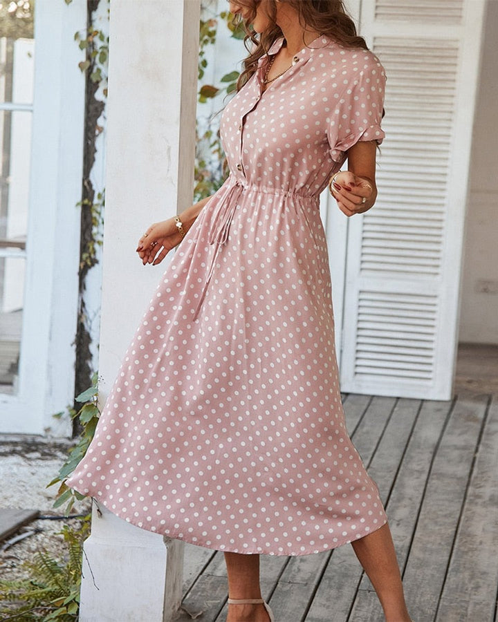 Women's Polka Dot Drawstring-Waist Fall Midi Dress