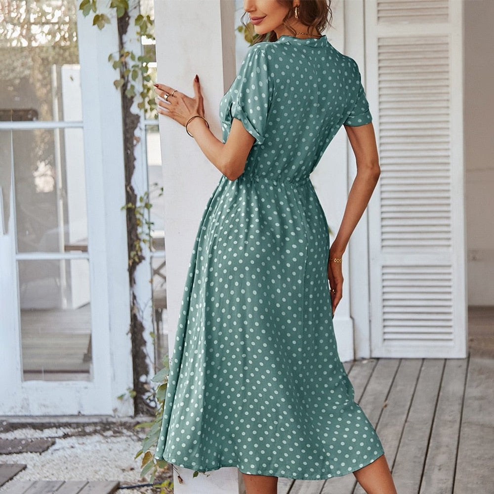 Women's Polka Dot Drawstring-Waist Fall Midi Dress