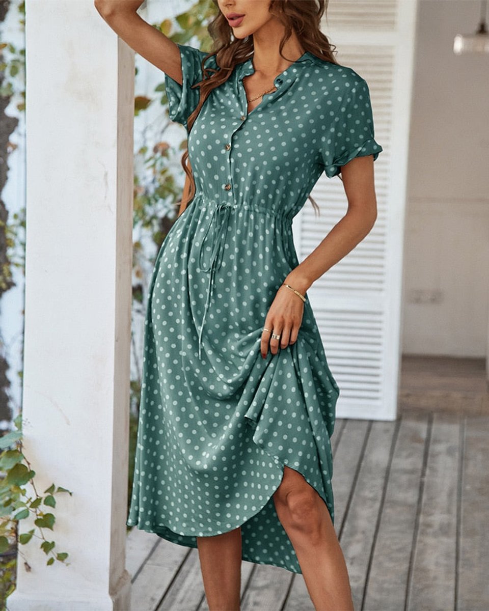 Women's Polka Dot Drawstring-Waist Fall Midi Dress