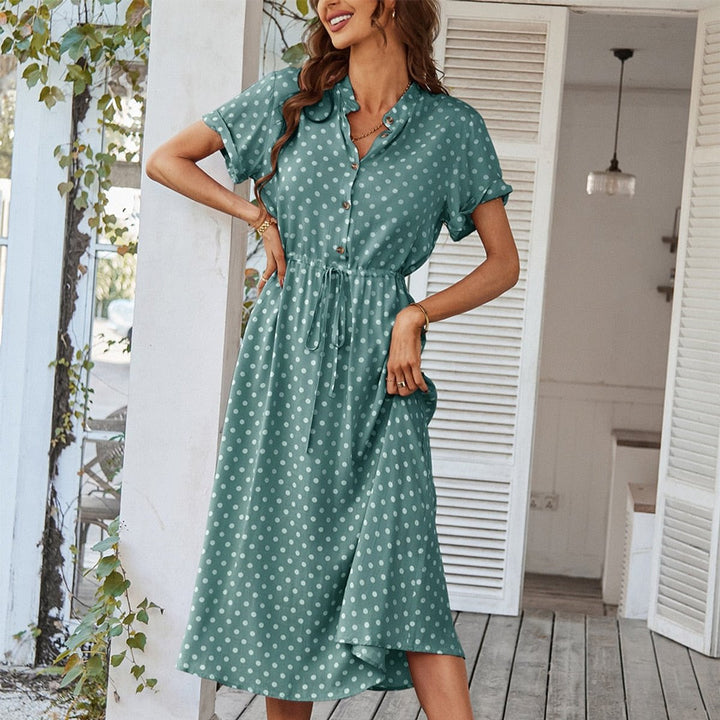 Women's Polka Dot Drawstring-Waist Fall Midi Dress