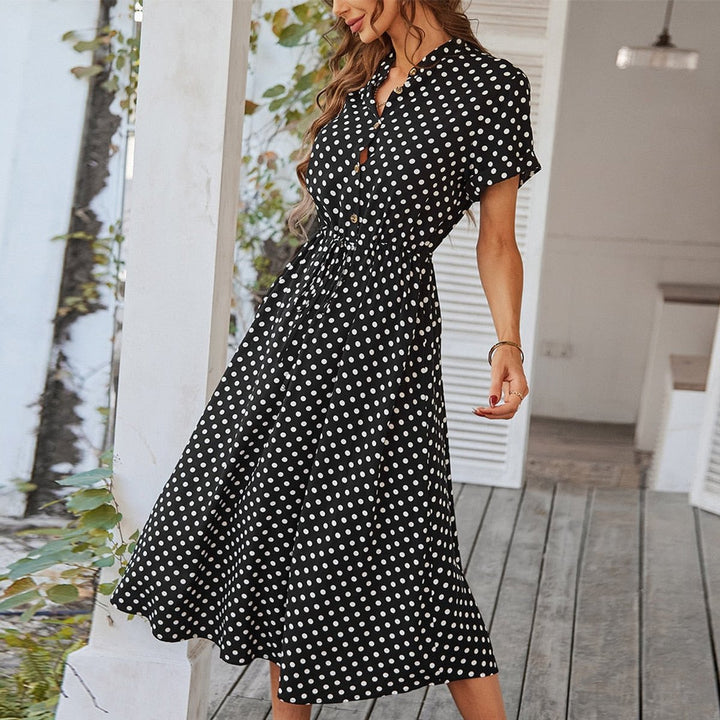 Women's Polka Dot Drawstring-Waist Fall Midi Dress