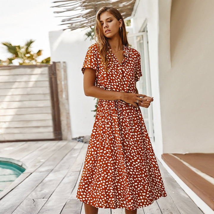 Women's Polka Dot Drawstring-Waist Fall Midi Dress