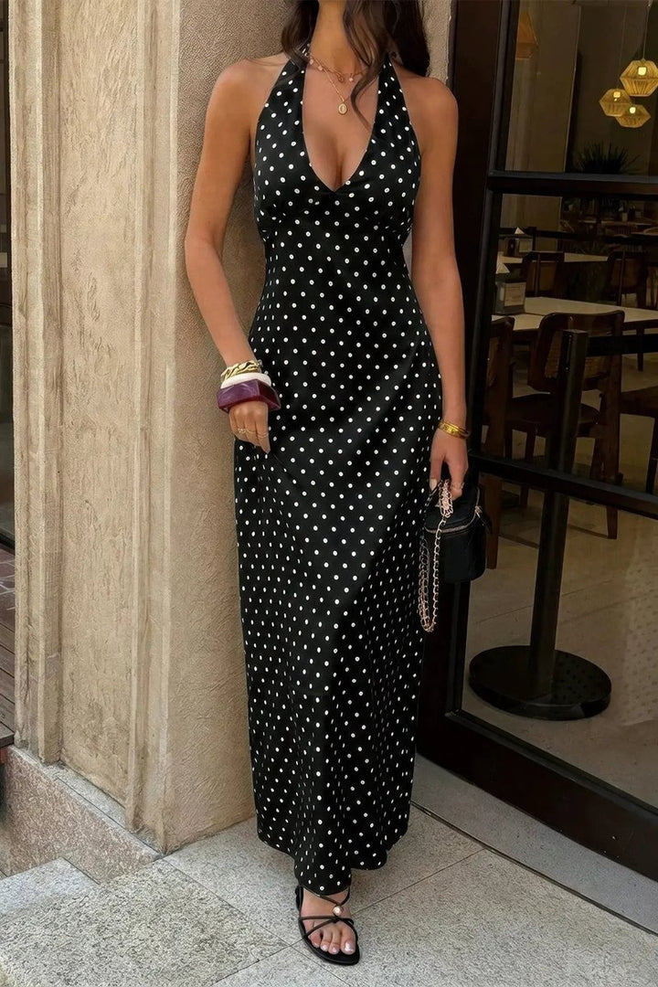 Women's Polka Dot Halter Bodycon Maxi Fall Wedding Guest Dress