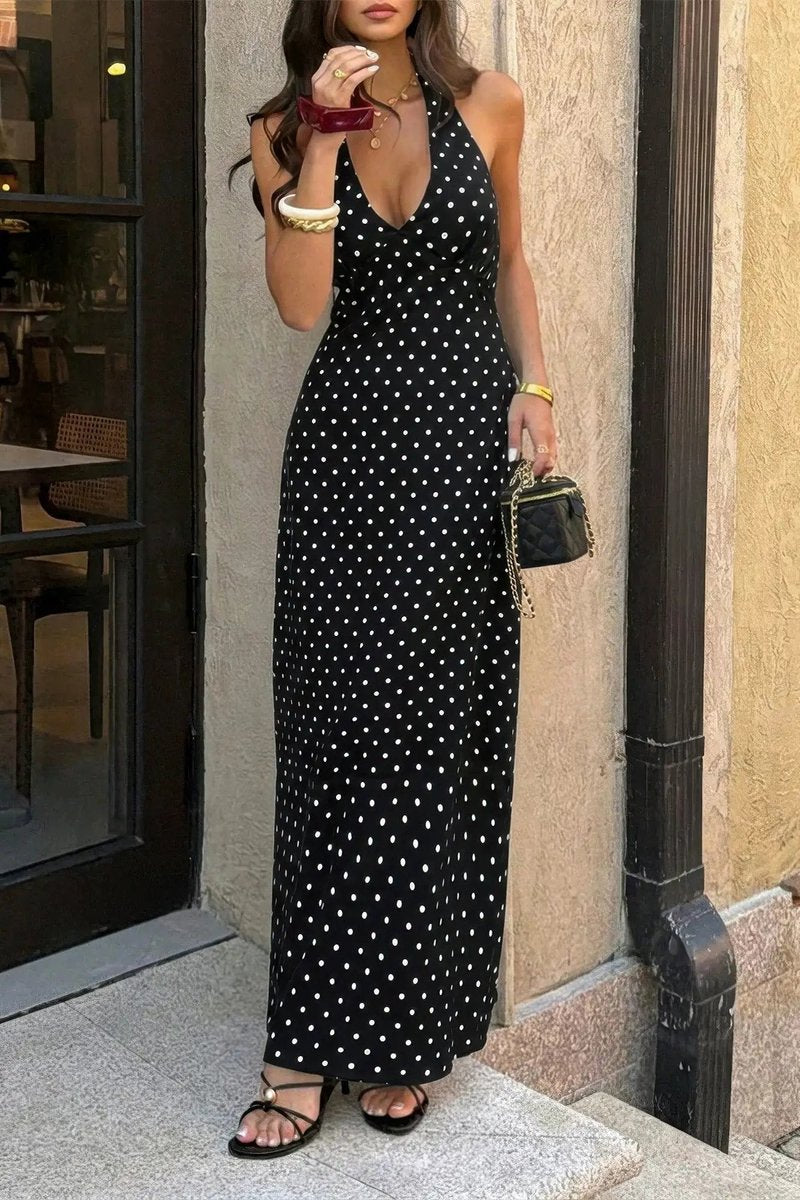 Women's Polka Dot Halter Bodycon Maxi Fall Wedding Guest Dress