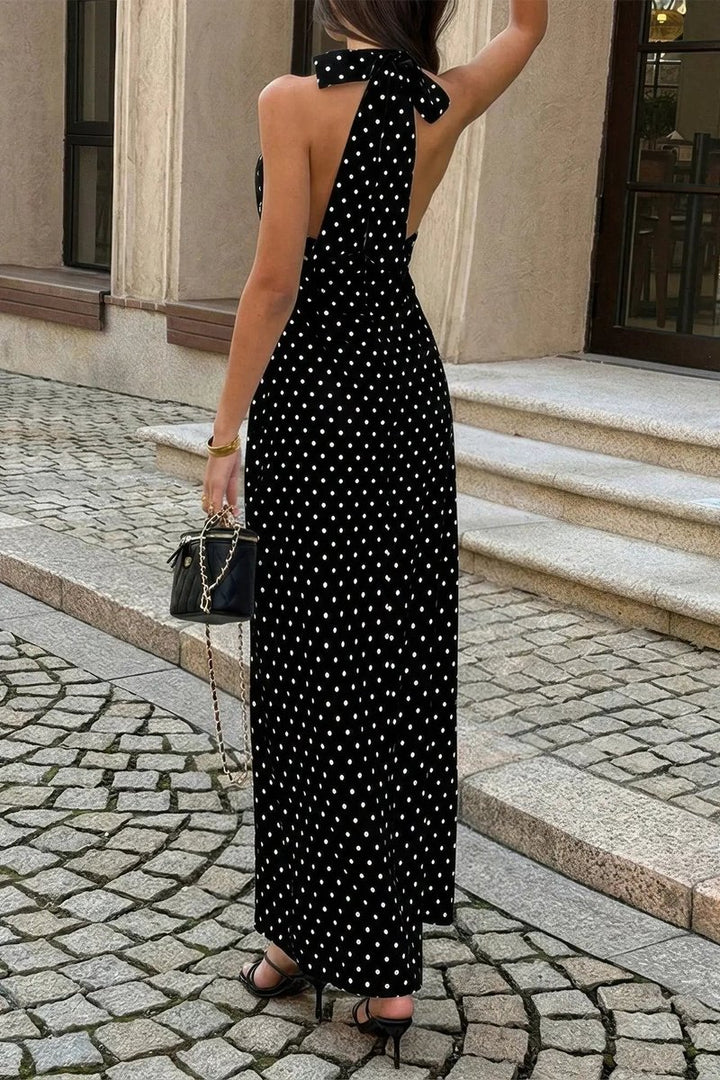 Women's Polka Dot Halter Bodycon Maxi Fall Wedding Guest Dress