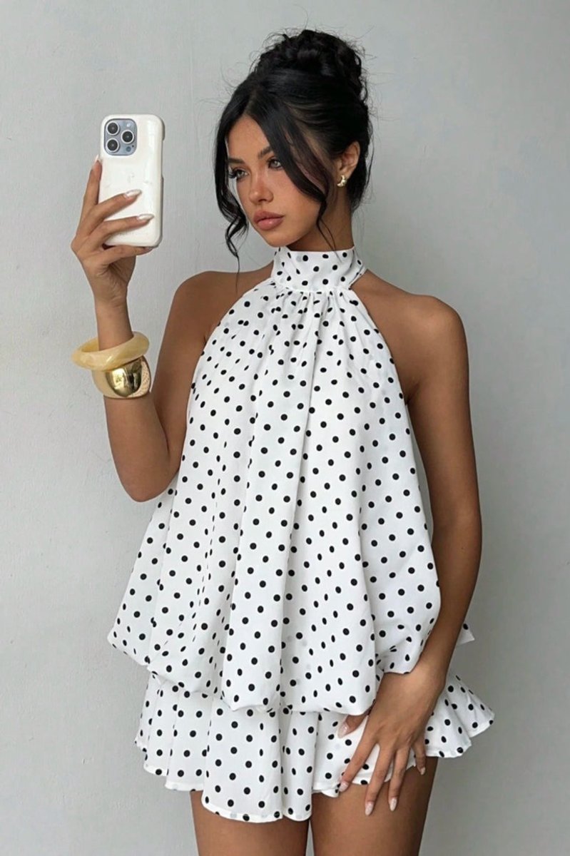 Women's Polka Dot Halter Neck Fall Wedding Guest Dress Open Back Mini