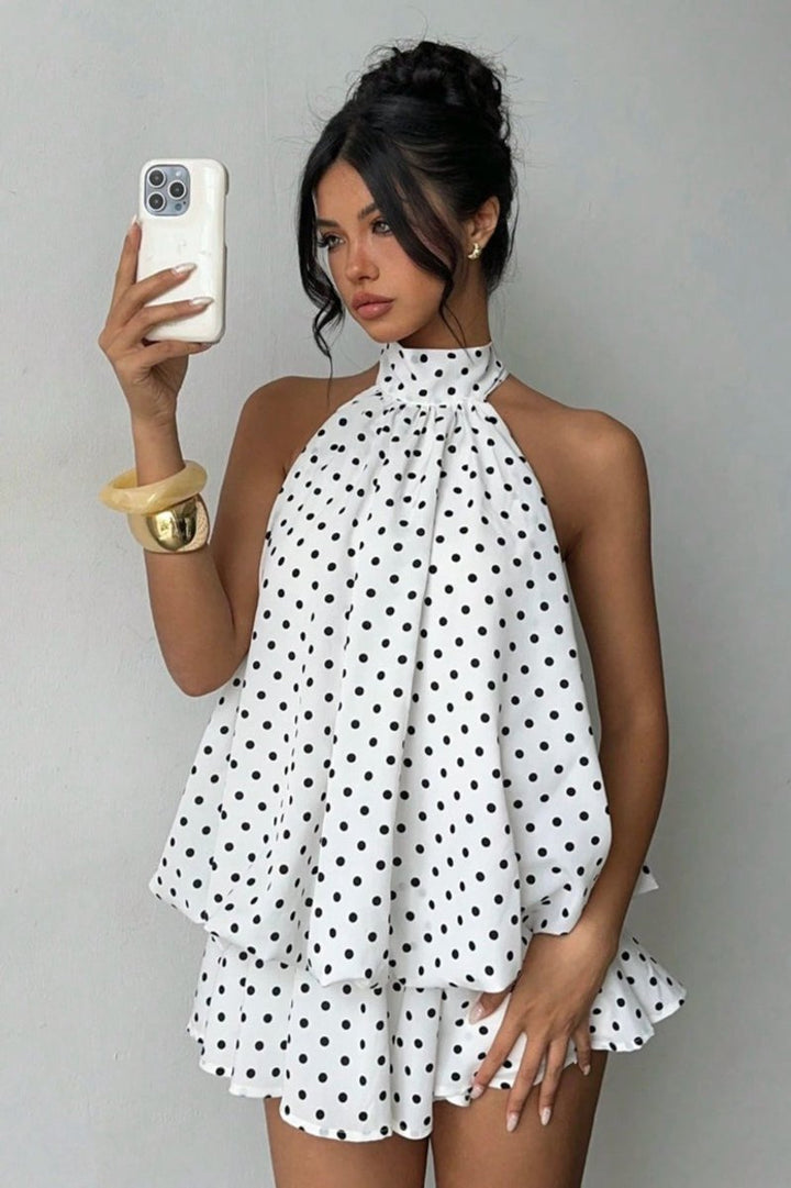Women's Polka Dot Halter Neck Fall Wedding Guest Dress Open Back Mini