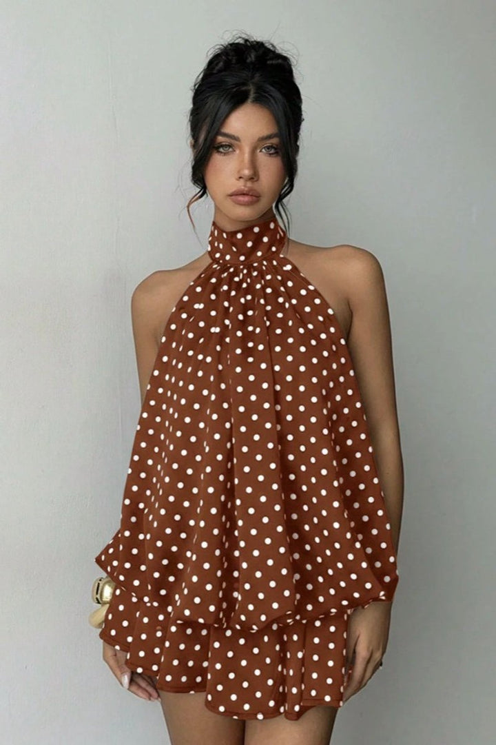 Women's Polka Dot Halter Neck Fall Wedding Guest Dress Open Back Mini