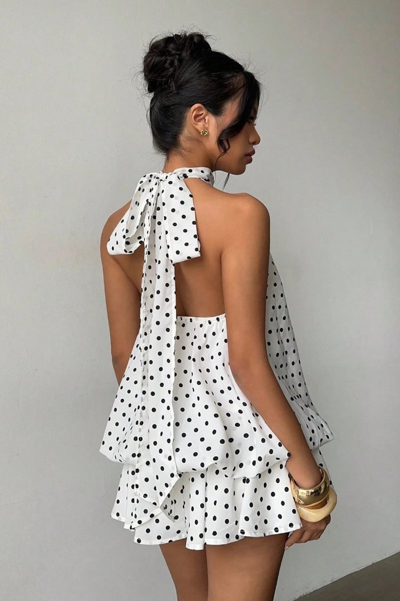 Women's Polka Dot Halter Neck Fall Wedding Guest Dress Open Back Mini