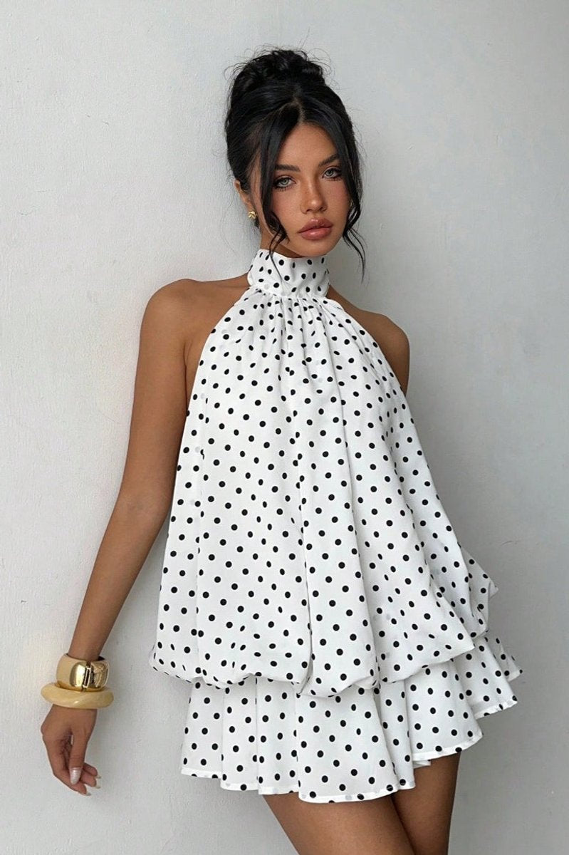 Women's Polka Dot Halter Neck Fall Wedding Guest Dress Open Back Mini