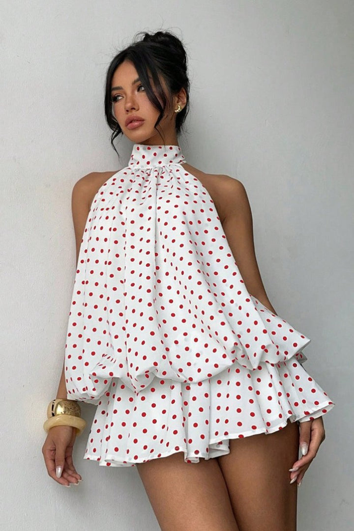 Women's Polka Dot Halter Neck Fall Wedding Guest Dress Open Back Mini