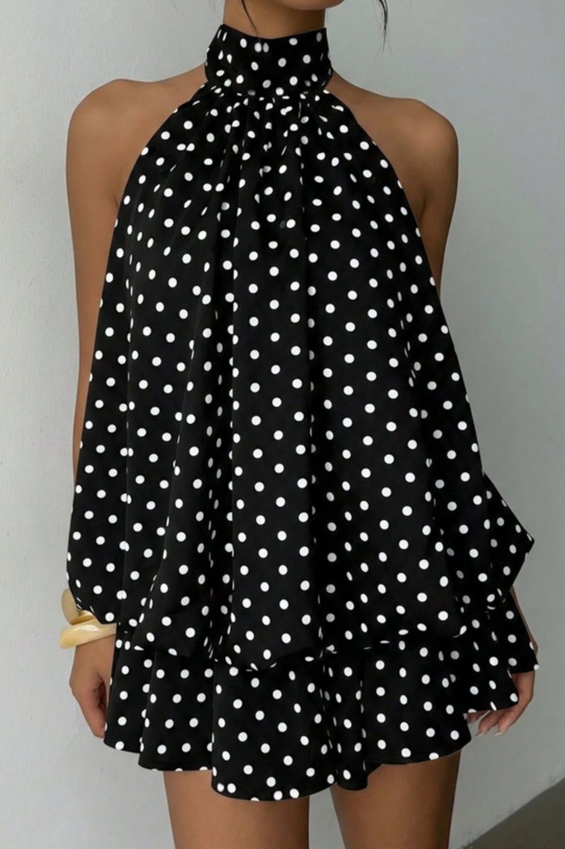 Women's Polka Dot Halter Neck Fall Wedding Guest Dress Open Back Mini
