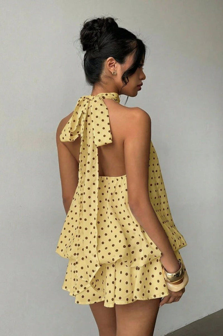 Women's Polka Dot Halter Neck Fall Wedding Guest Dress Open Back Mini