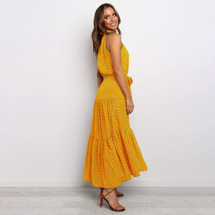 Women's Polka Dot Halter-Neck Tiered Fall Midi Dress