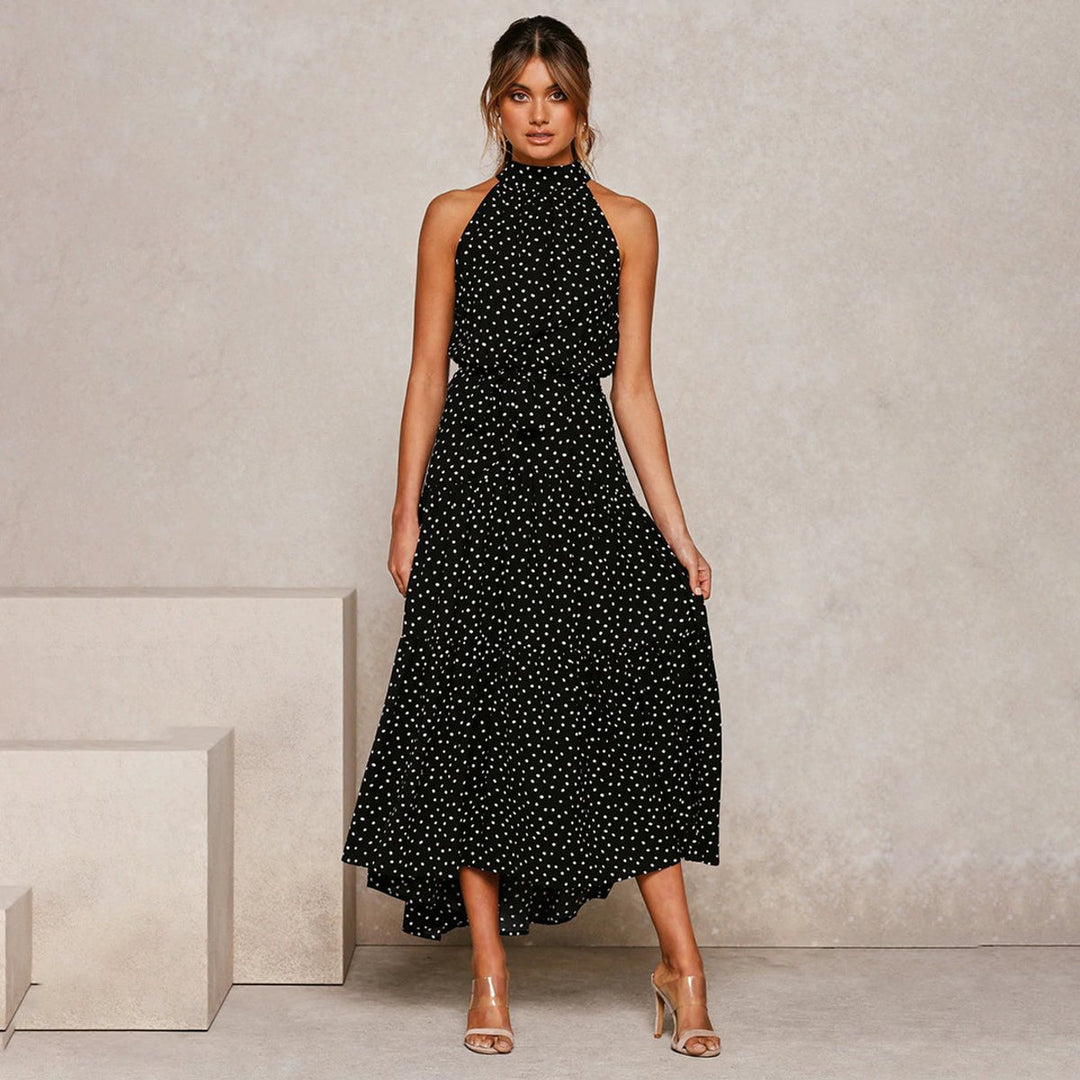 Women's Polka Dot Halter-Neck Tiered Fall Midi Dress