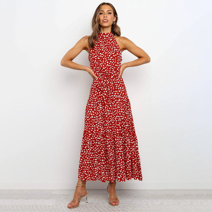 Women's Polka Dot Halter-Neck Tiered Fall Midi Dress
