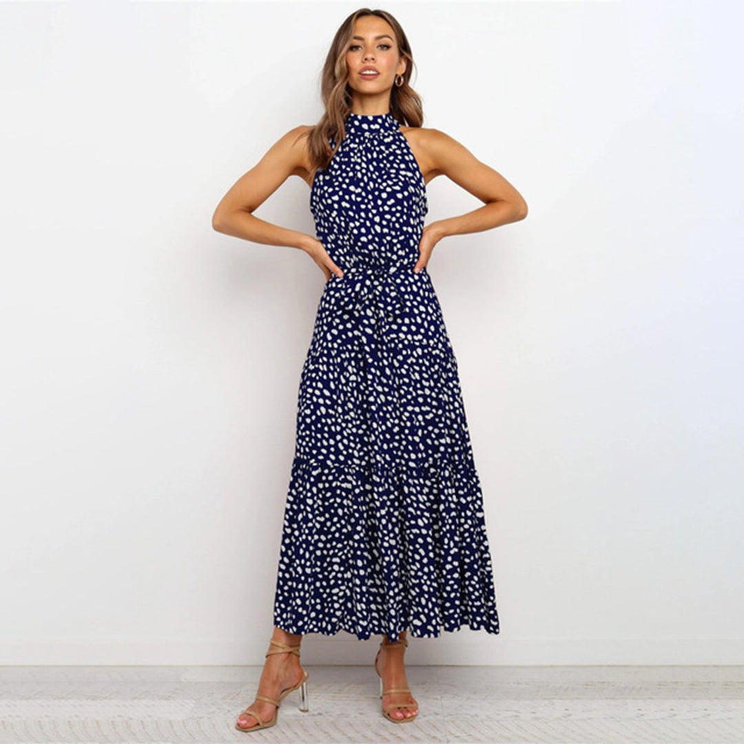 Women's Polka Dot Halter-Neck Tiered Fall Midi Dress