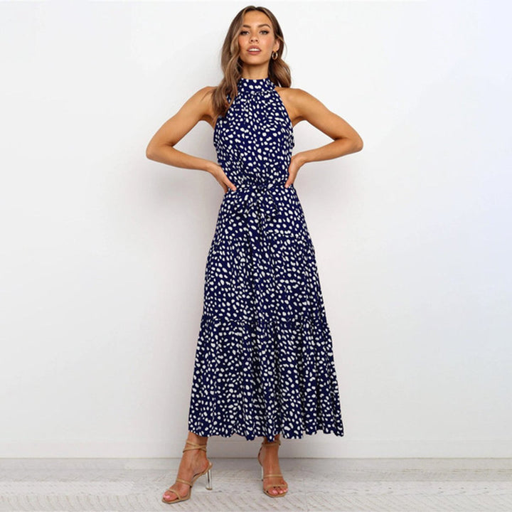 Women's Polka Dot Halter-Neck Tiered Fall Midi Dress