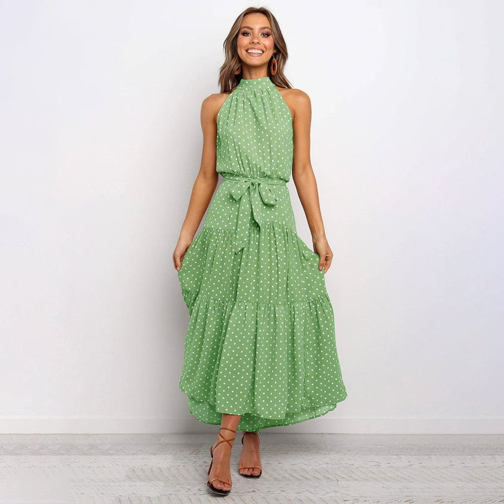 Women's Polka Dot Halter-Neck Tiered Fall Midi Dress