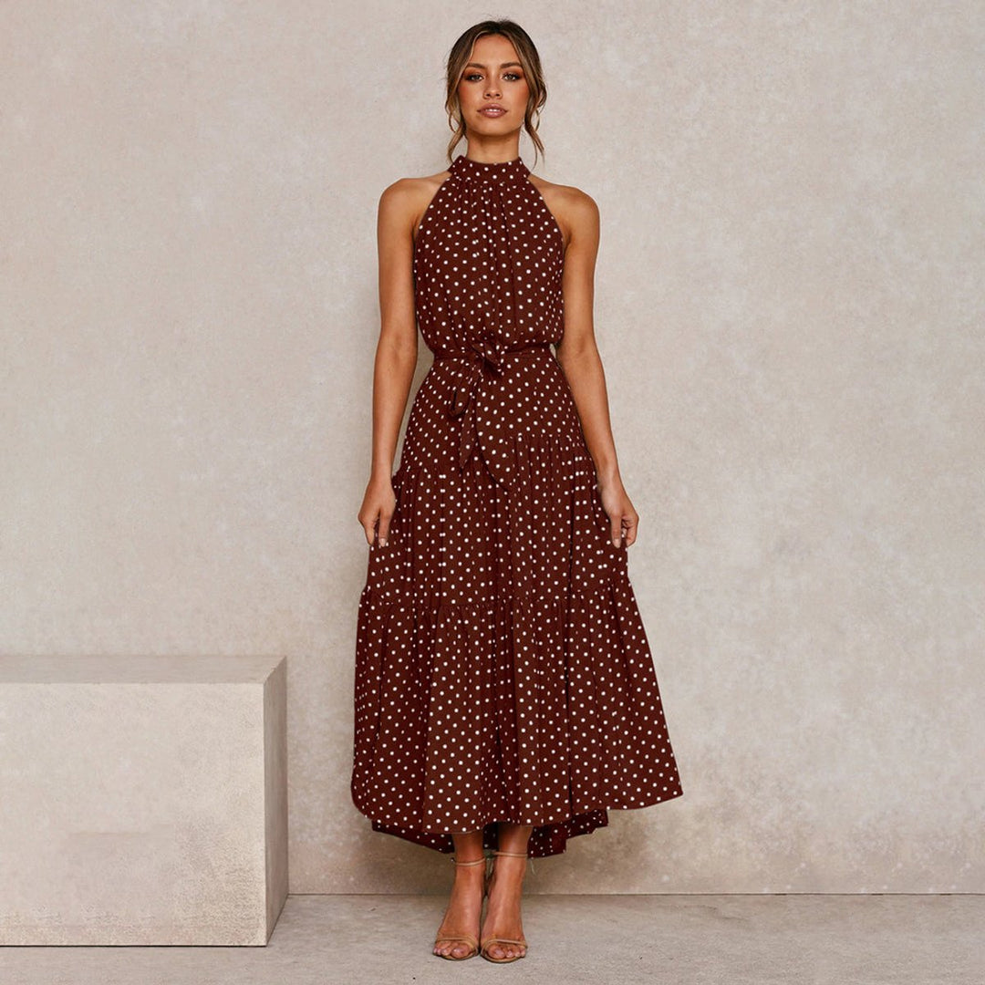 Women's Polka Dot Halter-Neck Tiered Fall Midi Dress
