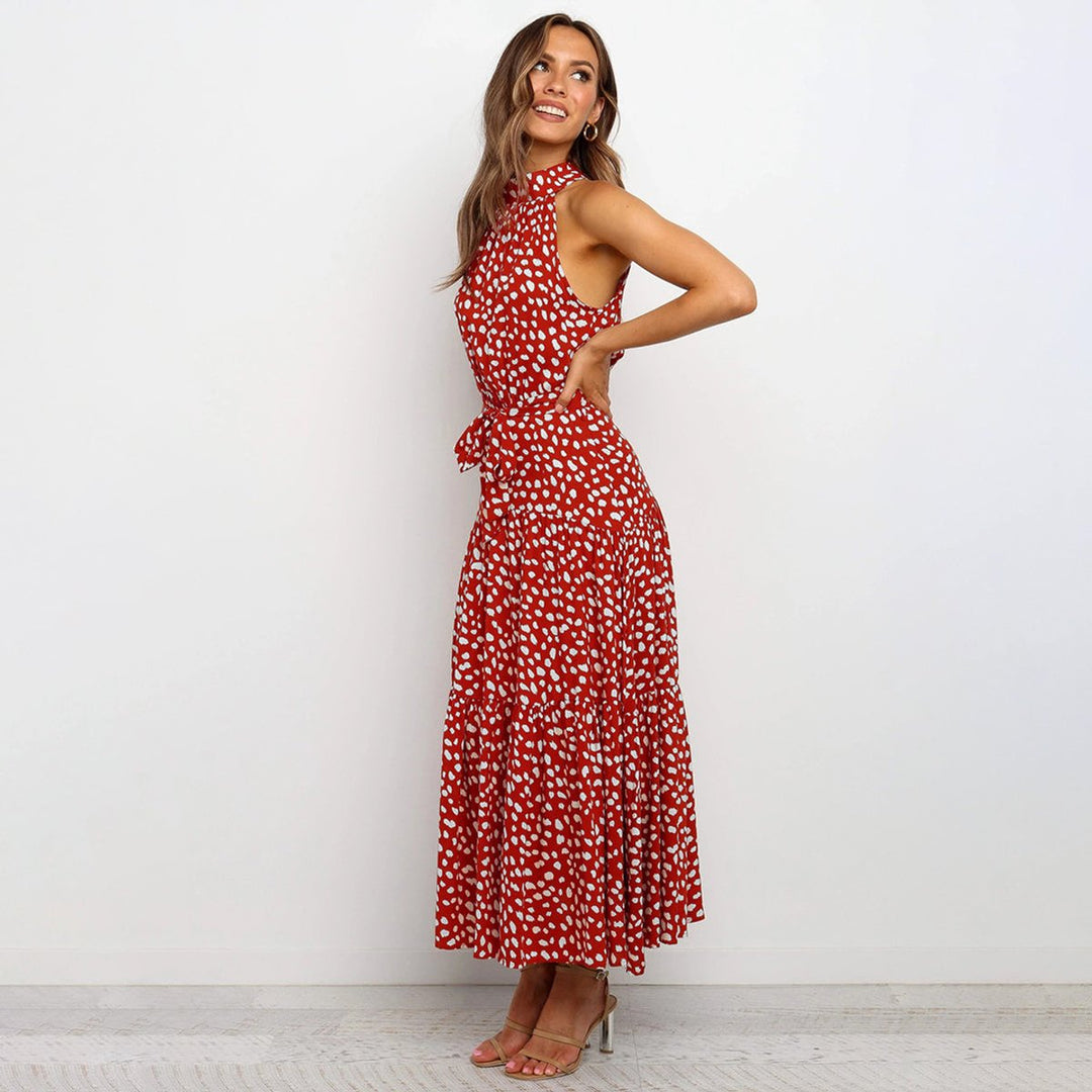 Women's Polka Dot Halter-Neck Tiered Fall Midi Dress