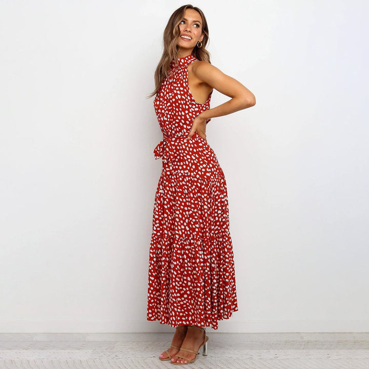 Women's Polka Dot Halter-Neck Tiered Fall Midi Dress
