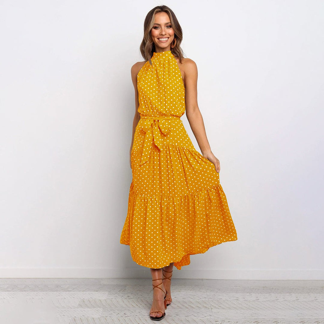 Women's Polka Dot Halter-Neck Tiered Fall Midi Dress