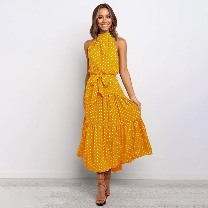 Women's Polka Dot Halter-Neck Tiered Fall Midi Dress