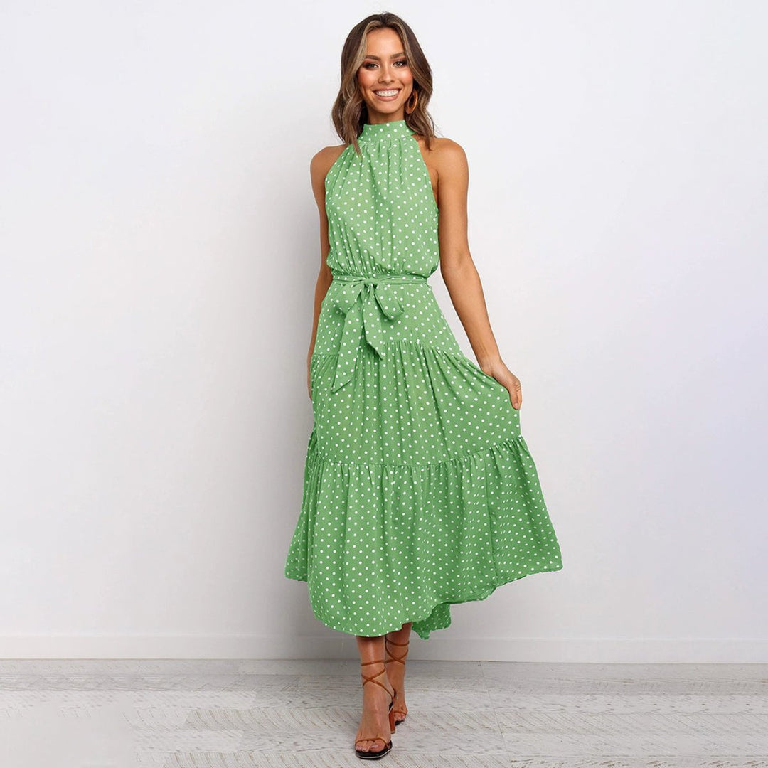 Women's Polka Dot Halter-Neck Tiered Fall Midi Dress