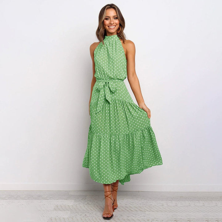 Women's Polka Dot Halter-Neck Tiered Fall Midi Dress