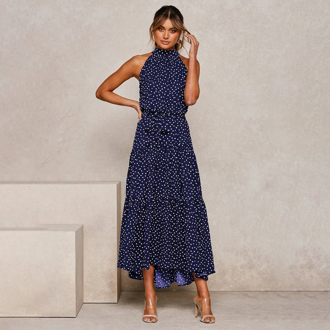 Women's Polka Dot Halter-Neck Tiered Fall Midi Dress