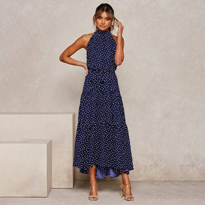 Women's Polka Dot Halter-Neck Tiered Fall Midi Dress