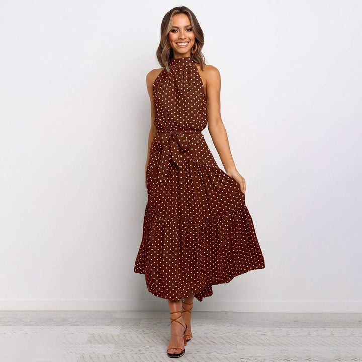 Women's Polka Dot Halter-Neck Tiered Fall Midi Dress