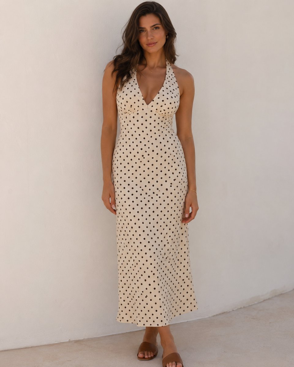 Women's Polka Dot Halter V-Neck Backless Maxi Fall Wedding Guest Dress