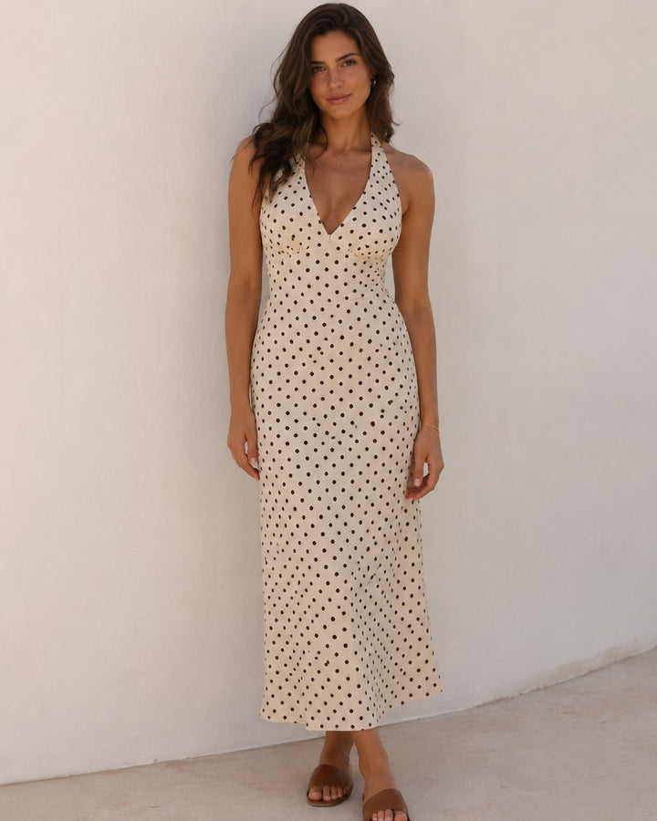 Women's Polka Dot Halter V-Neck Backless Maxi Fall Wedding Guest Dress