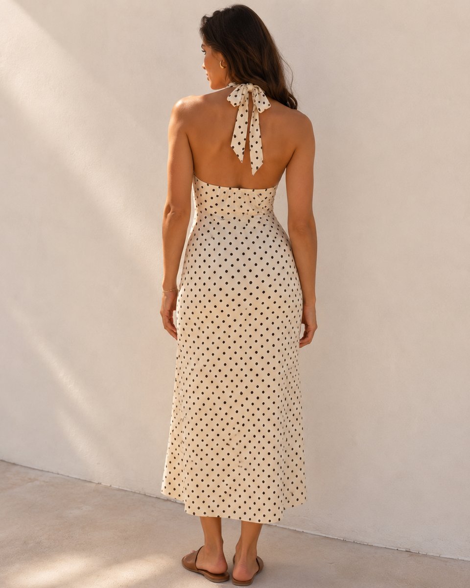 Women's Polka Dot Halter V-Neck Backless Maxi Fall Wedding Guest Dress