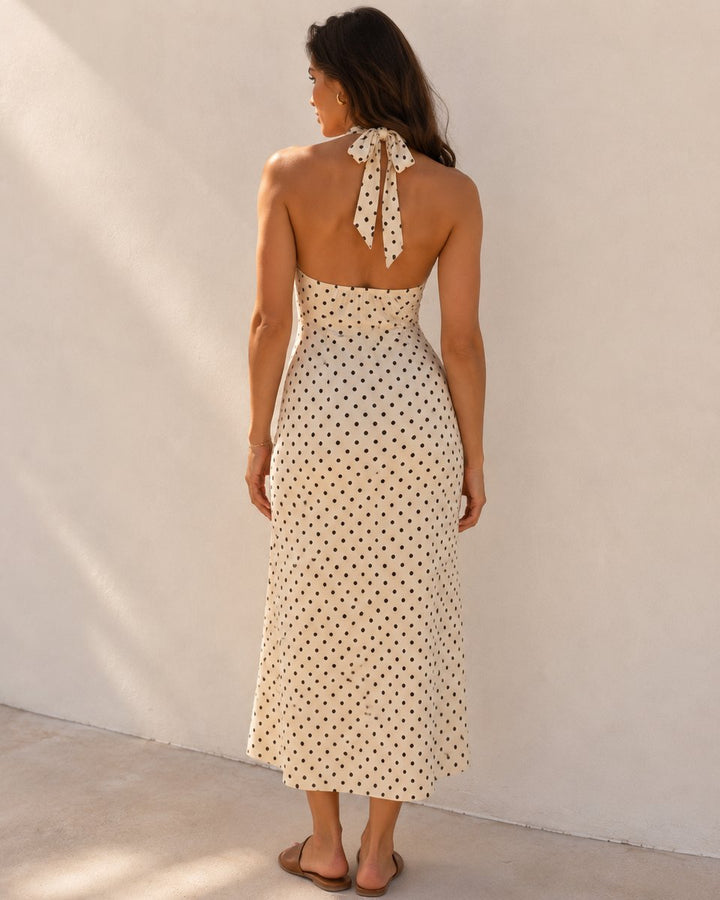 Women's Polka Dot Halter V-Neck Backless Maxi Fall Wedding Guest Dress