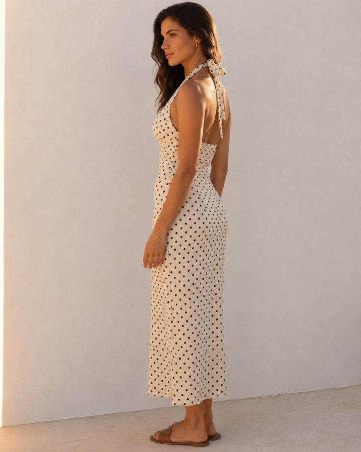 Women's Polka Dot Halter V-Neck Backless Maxi Fall Wedding Guest Dress