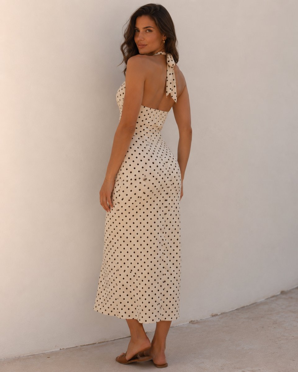 Women's Polka Dot Halter V-Neck Backless Maxi Fall Wedding Guest Dress